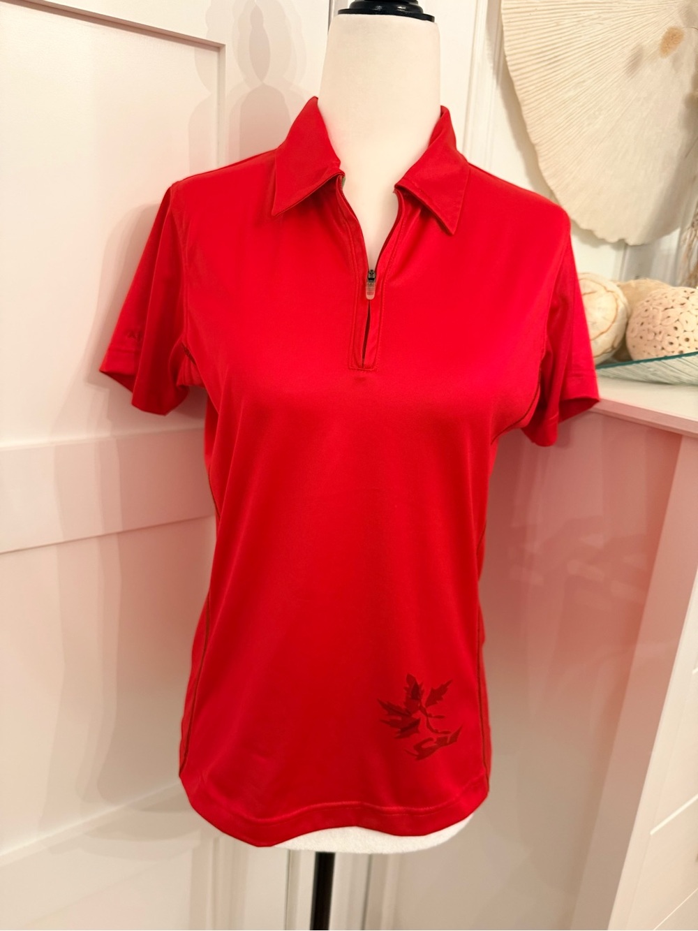 Women's Red Short-Sleeve Zip Polo Top
